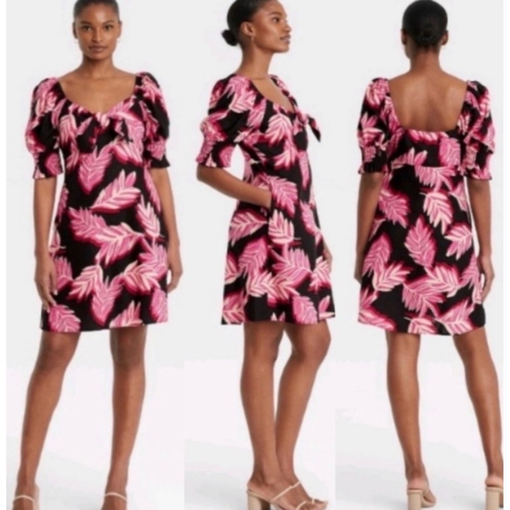 Who What Wear Pink Black Tropical Linen Tie Front Puff Sleeve Mini Dress Small